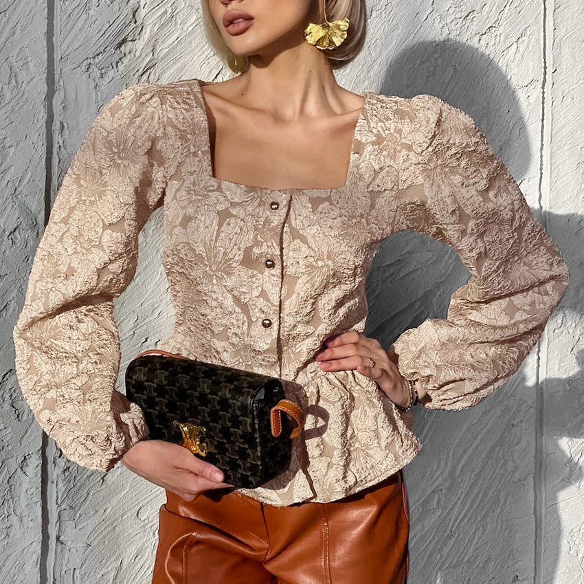 Charlotte Blouse Femme – Haut Jacquard Élégant avec Encolure Carrée & Manches Longues Chic - Image 3