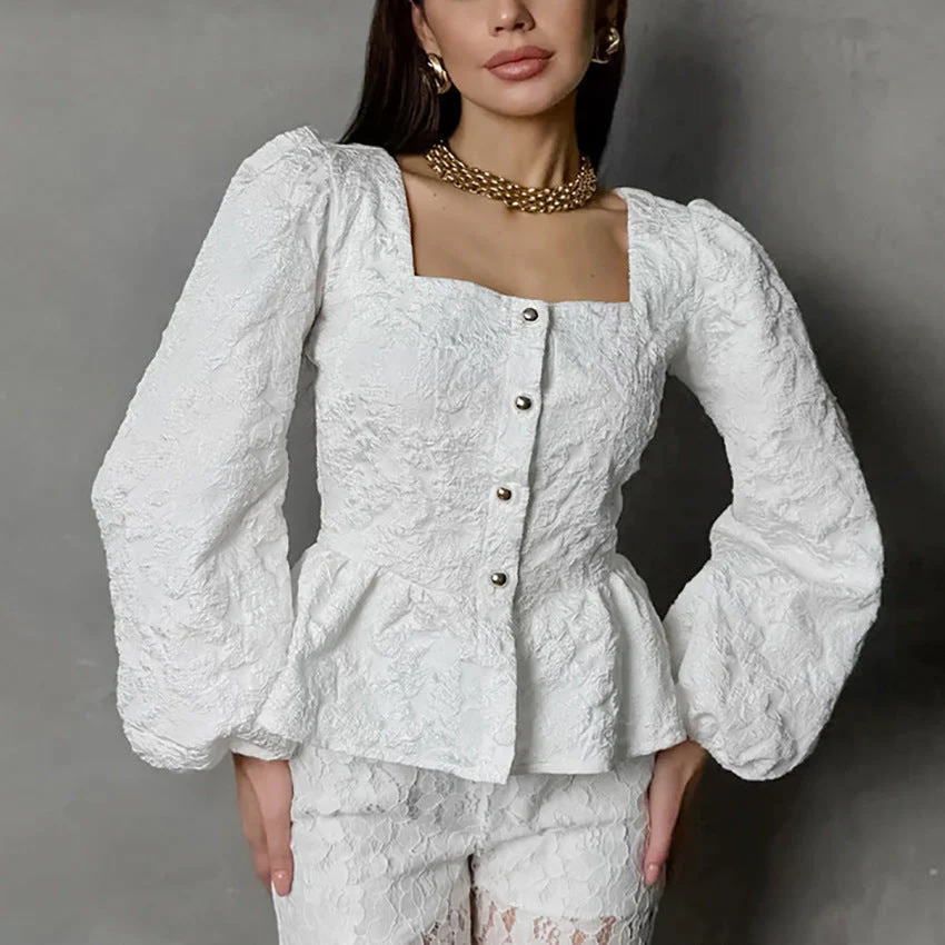 Charlotte Blouse Femme – Haut Jacquard Élégant avec Encolure Carrée & Manches Longues Chic - Image 4