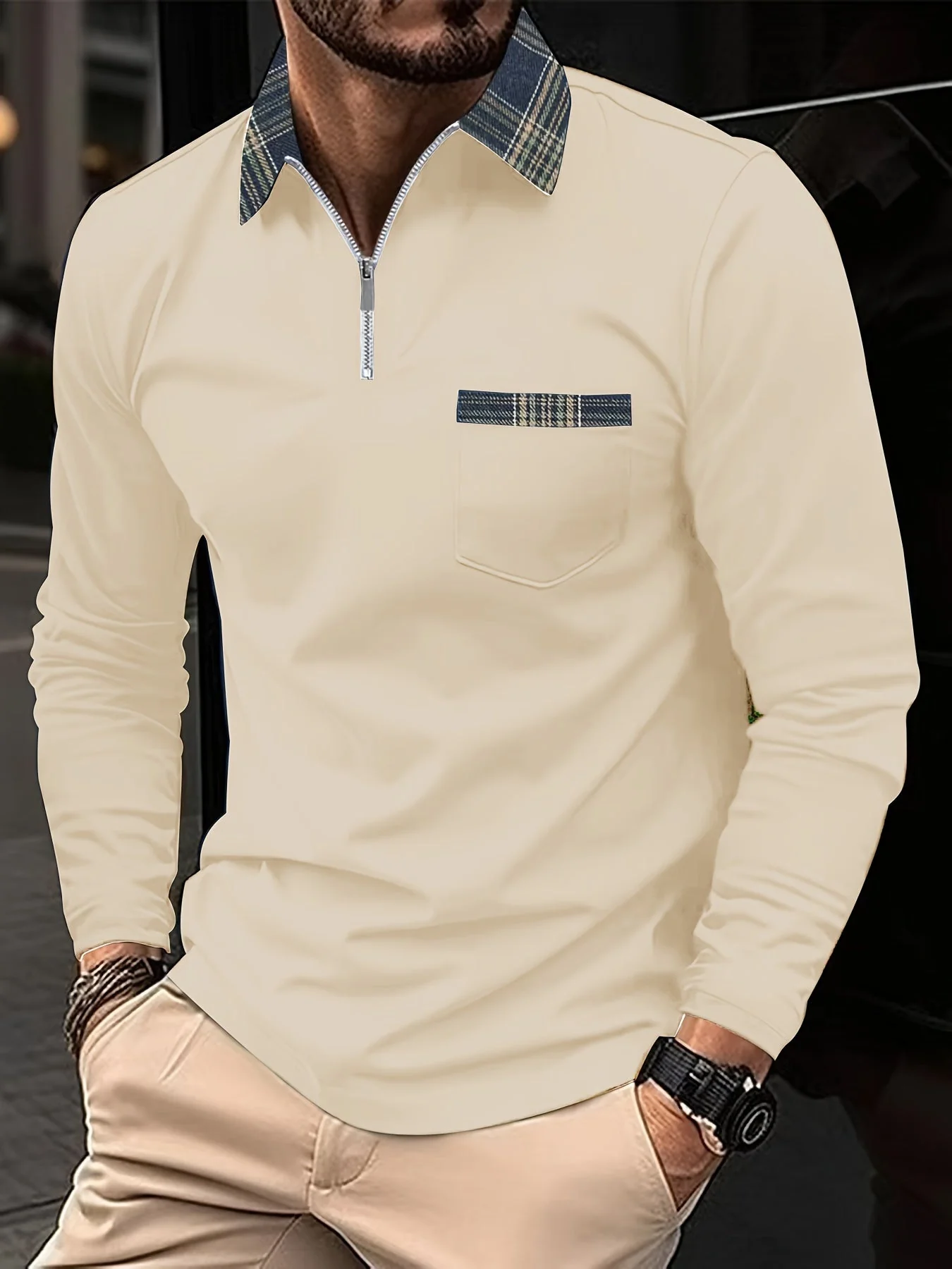 Frank Polo Manches Longues – Col Zippé & Motif Carreaux, Élégance et Confort Homme - Image 5