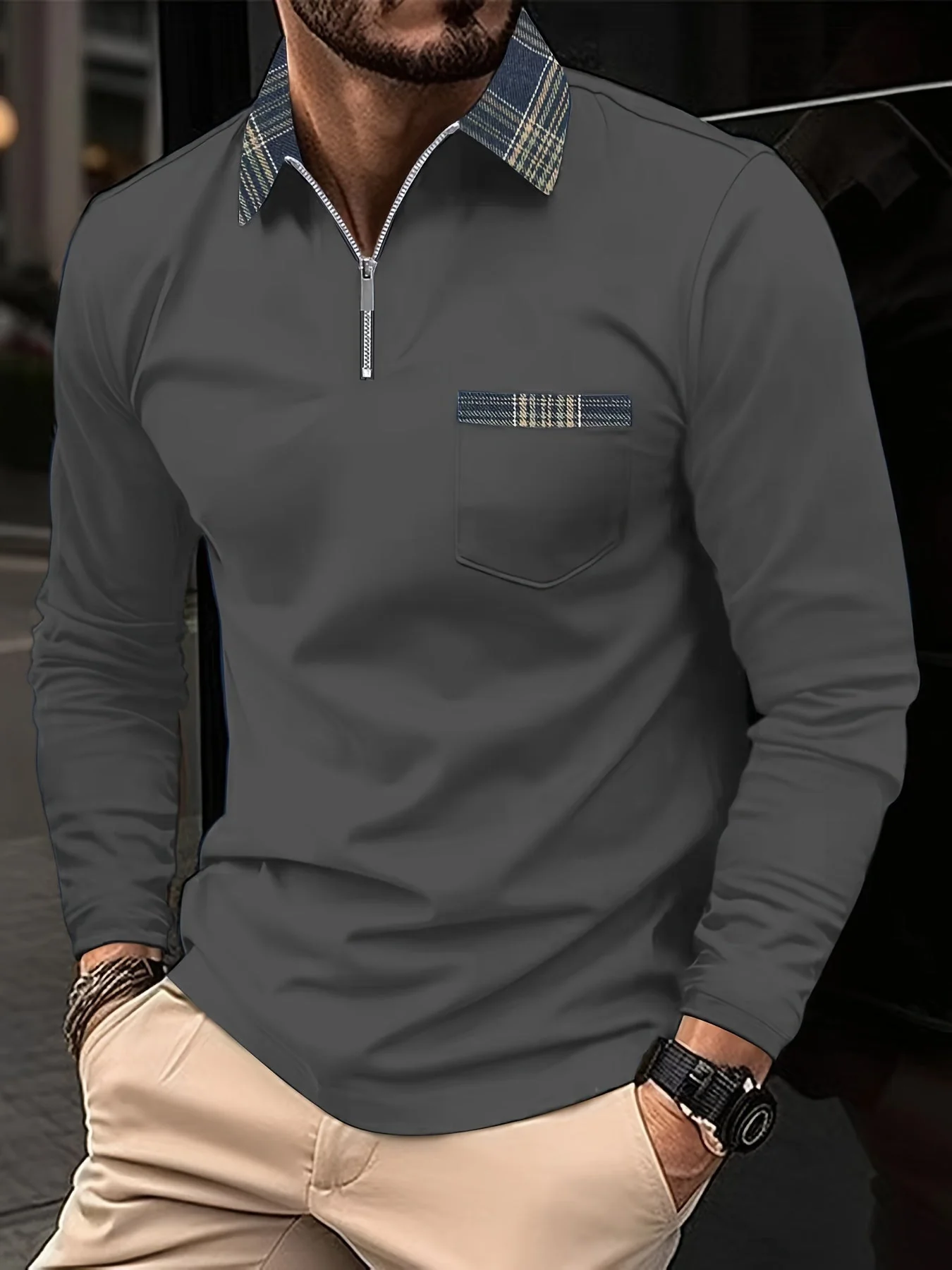 Frank Polo Manches Longues – Col Zippé & Motif Carreaux, Élégance et Confort Homme - Image 8