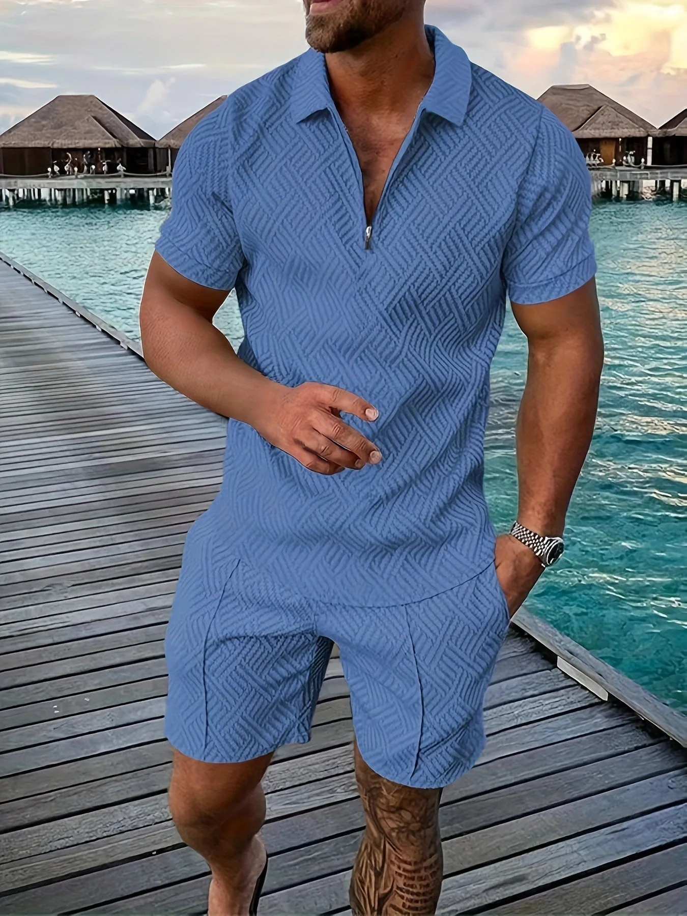 Lucas Ensemble Homme Été – Short Set Géométrique avec Haut Zippé & Tissu Respirant - Image 10