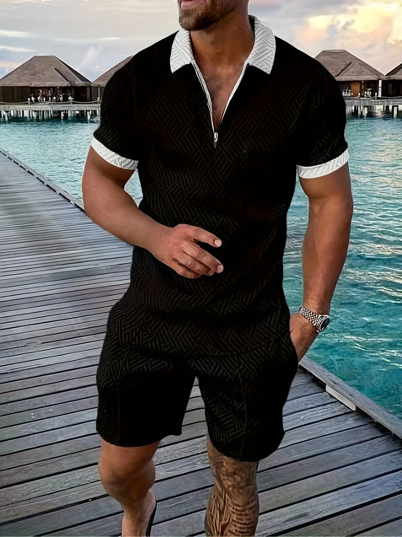 Lucas Ensemble Homme Été – Short Set Géométrique avec Haut Zippé & Tissu Respirant - Image 11
