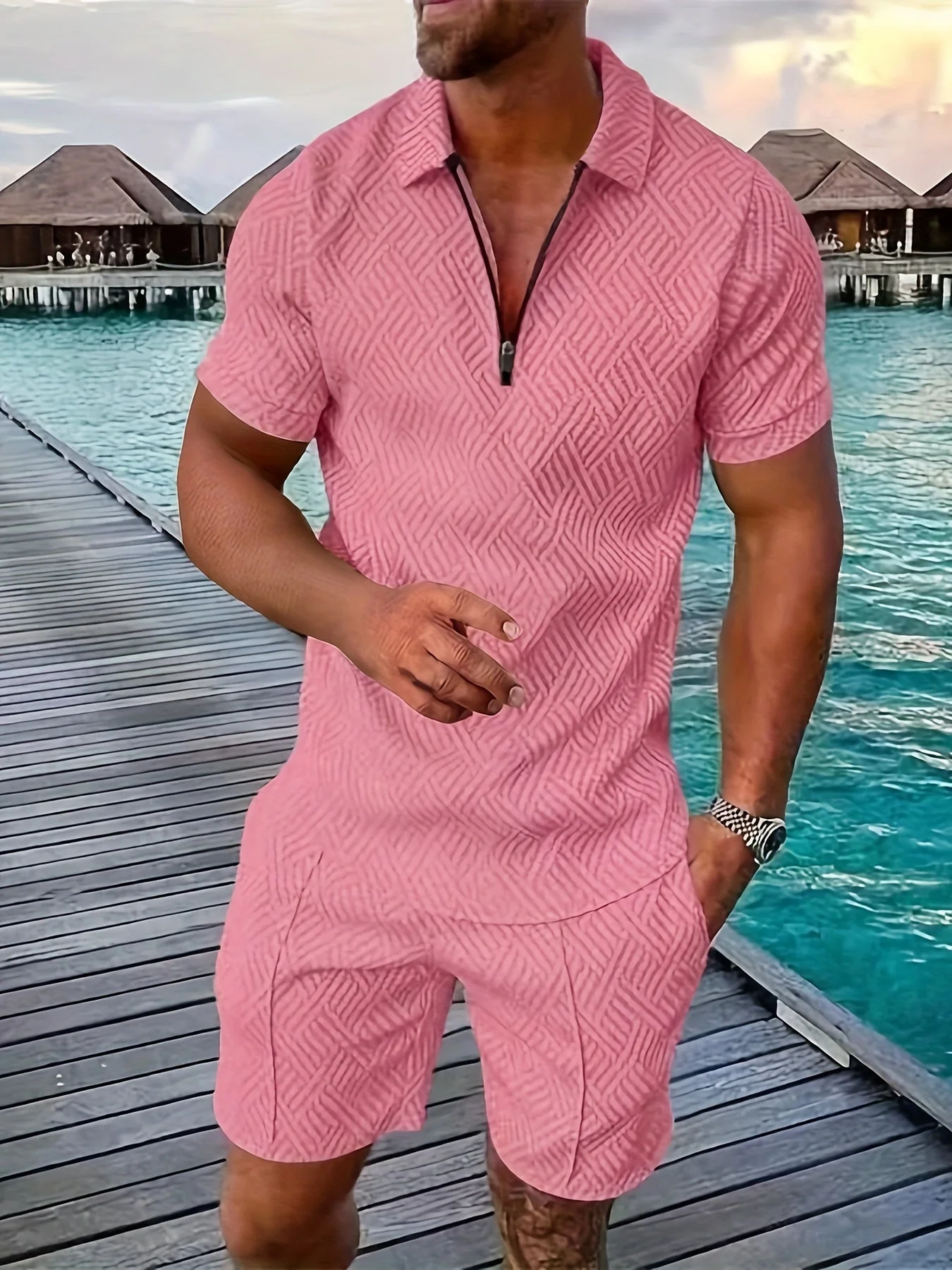 Lucas Ensemble Homme Été – Short Set Géométrique avec Haut Zippé & Tissu Respirant - Image 3