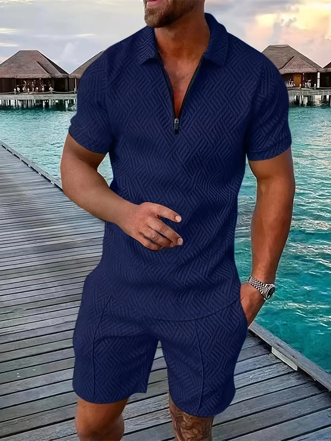 Lucas Ensemble Homme Été – Short Set Géométrique avec Haut Zippé & Tissu Respirant - Image 4