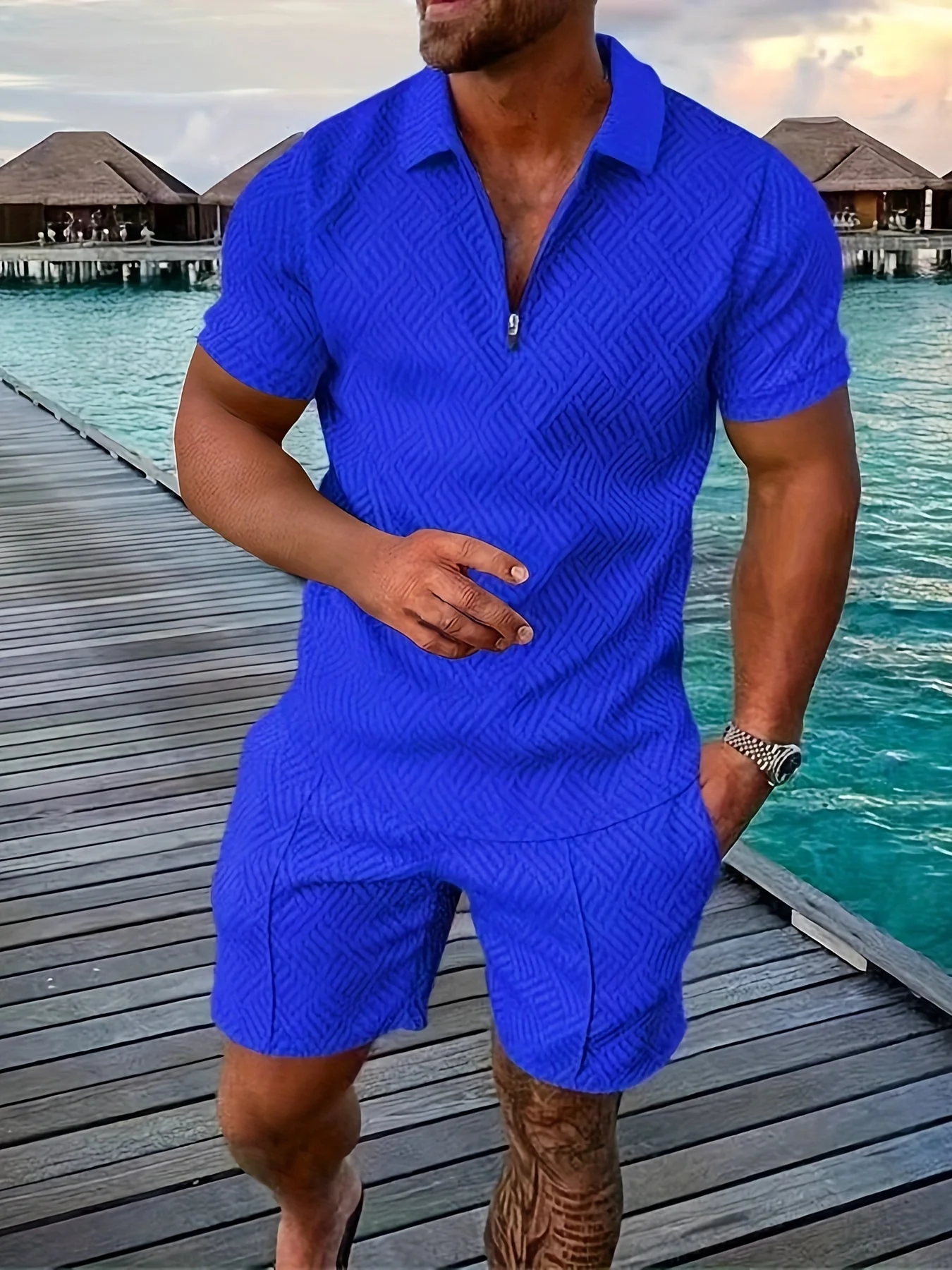 Lucas Ensemble Homme Été – Short Set Géométrique avec Haut Zippé & Tissu Respirant - Image 6
