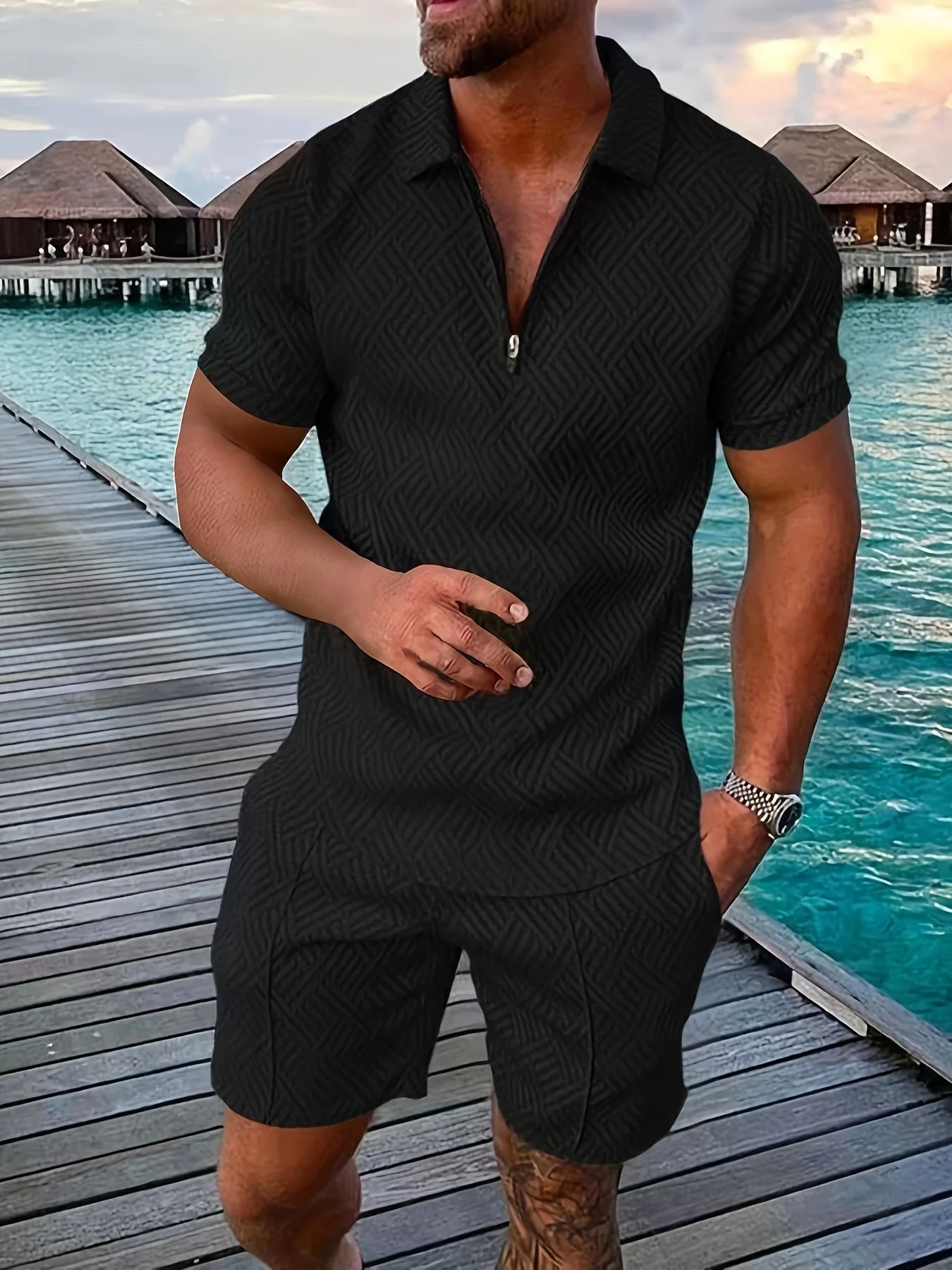 Lucas Ensemble Homme Été – Short Set Géométrique avec Haut Zippé & Tissu Respirant - Image 7