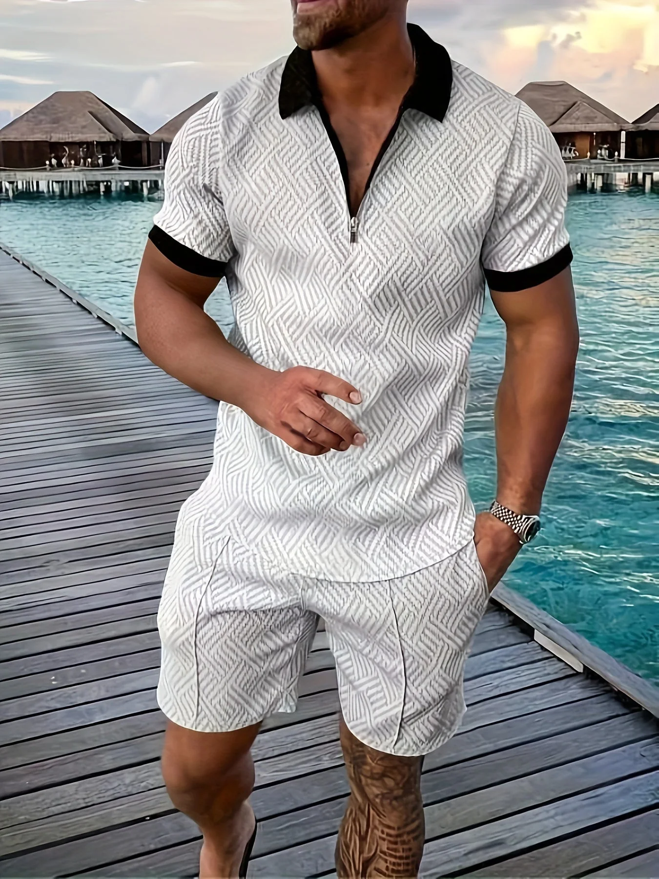 Lucas Ensemble Homme Été – Short Set Géométrique avec Haut Zippé & Tissu Respirant - Image 8