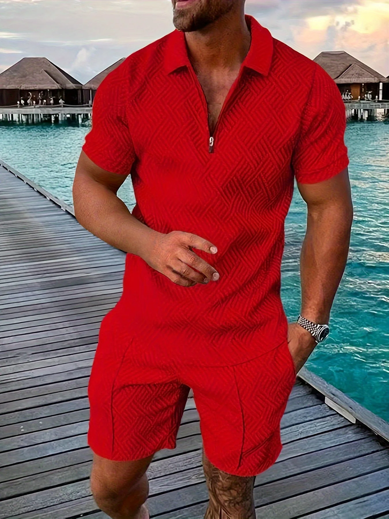 Lucas Ensemble Homme Été – Short Set Géométrique avec Haut Zippé & Tissu Respirant - Image 9