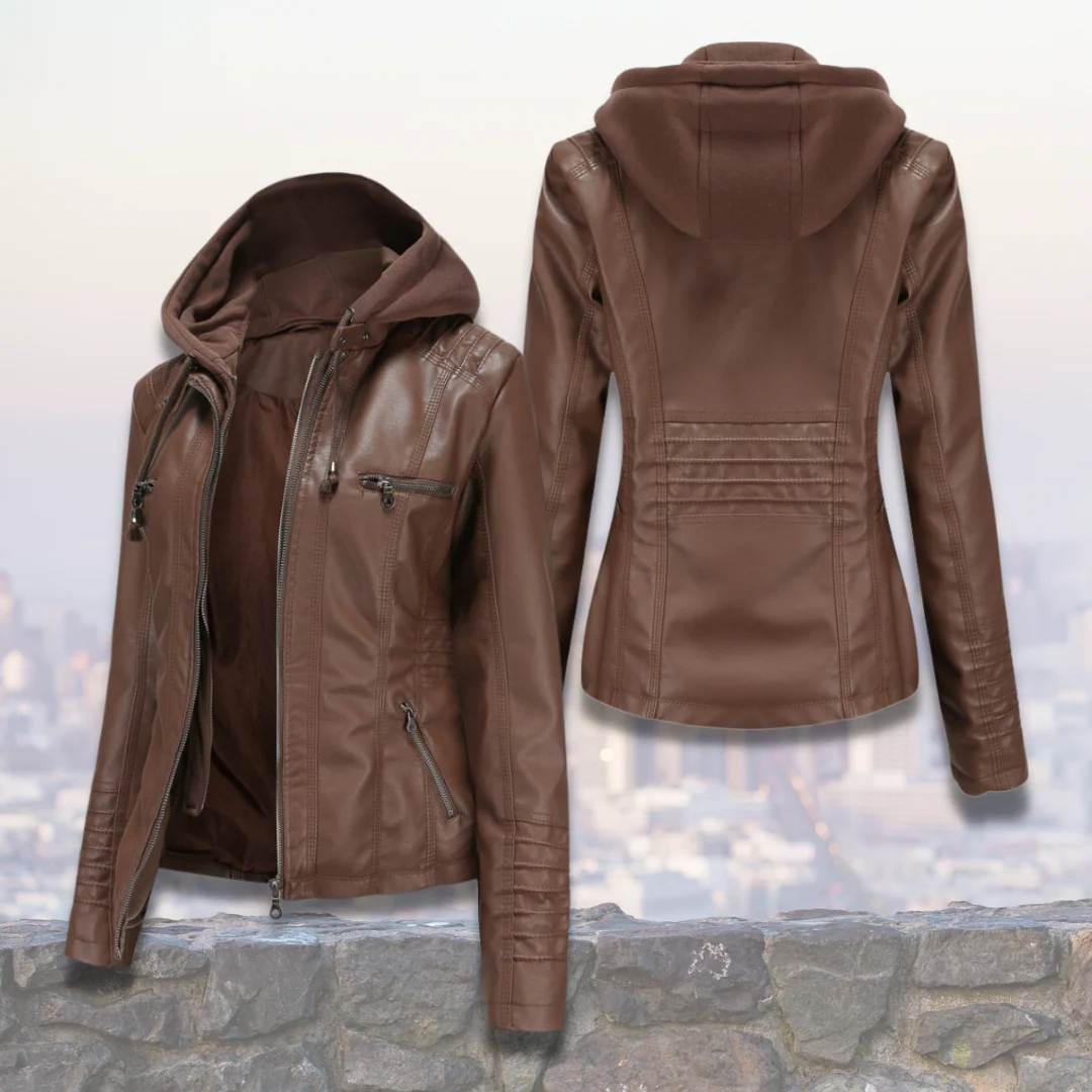 Xyla Veste Femme en Cuir – Élégante avec Capuche, Fermeture Zippée & Poches Pratiques - Image 4